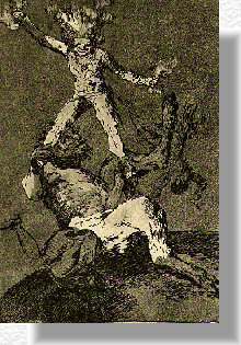 Subir y Bajar, Capricho 56, Principe de la Paz. La lujuria le eleva por los pies, se le llena la cabeza de humo y viento y despide rayos contra sus �mulos. La fortuna trata muy mal a quien la obsequia. Paga con humo la fatiga de subir, y al que ha subido le castiga con precipitarle. Goya 1799, Real Calcograf�a, Madrid.